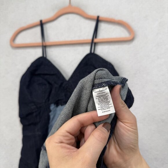 Sundance Dress Womens 12 Blue Denim Floral Spaghetti Strap V Neck Midi A Line - Picture 6 of 10